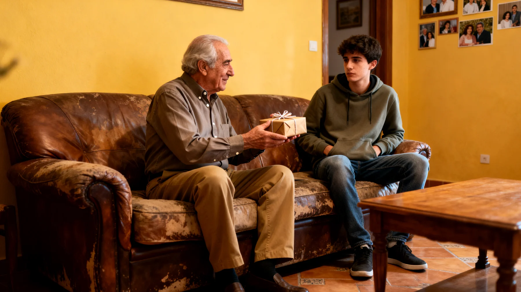 Un abuelo que, por amor y deseo de compensar el tiempo perdido o la distancia emocional, cede constantemente ante los deseos y caprichos de su nieto joven adulto, evitando imponer límites claros o consecuencias ante comportamientos irresponsables, generando en el nieto una actitud de escasa responsabilidad personal y una relación desequilibrada basada en la complacencia."